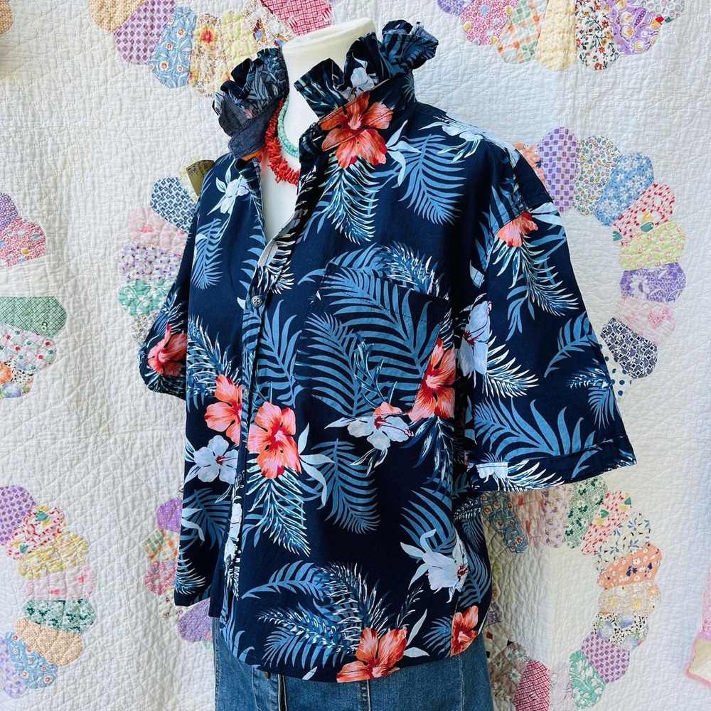 Navy Hawaiian Aloha Short Sleeve Coral Floral Hibiscus Upcycled Camp Shirt L